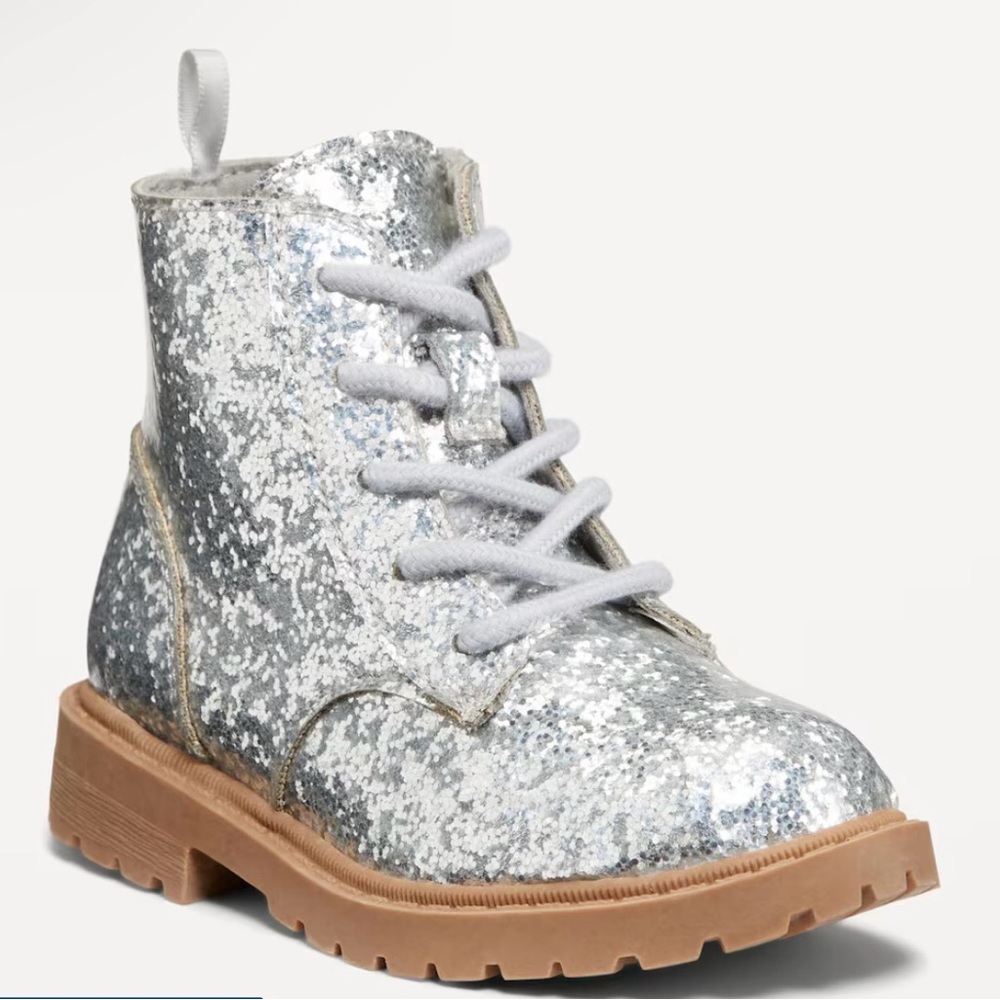 Silver Glittery Side Zip Combat Boot, Size 10 toddler